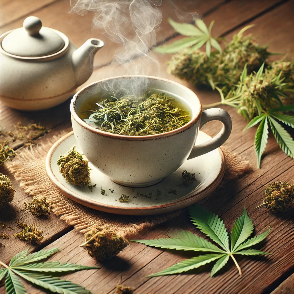 ricetta-te-alla-cannabis-A-cozy-and-inviting-image-featuring-a-steaming-cup-of-tea-infused-with-cannabis-leaves